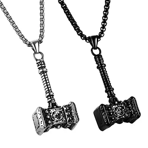 Produktbild: JewelryWe Schmuck 2pcs Wikinger Mjölnir Halskette Herren Edelstahl Thors Hammer Anhänger mit Kette Nodischer Viking Amulett Geschenk für Männer Silber/Schwarz