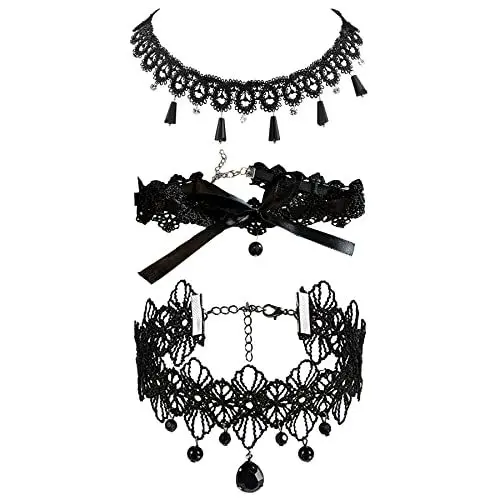 Produktbild: JewelryWe Schmuck 3 PCS Choker Halskette Set Schwarz Spitze Kette Stretch Samt Gothic Blumen Bogenknoten Quasten Tattoo Halsband Geschenke für Damen Mädchen