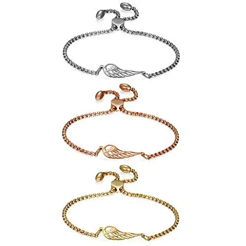 Produktbild: JewelryWe Schmuck 3 PCS Damen Armband mit Engels Flügel Engelsflüge?Edelstahl Charm-Armband Armkette Verstellbar Armkettchen Armreif, Rosegold/Gold/Silber