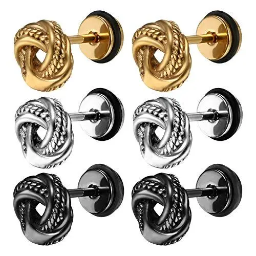 Produktbild: JewelryWe Schmuck 3 Paar Herren Damen Ohrstecker Edelstahl Keltischer Knoten Ohrringe Ohr-Piercing Schwarz Silber Gold