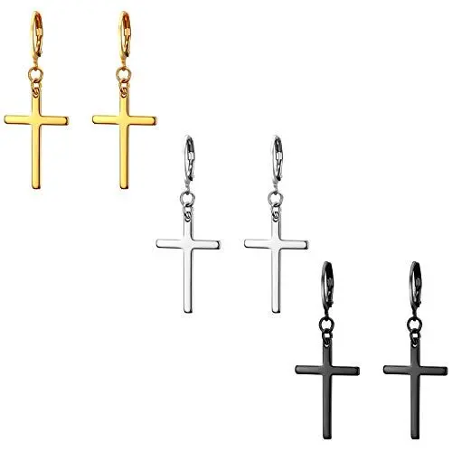 Produktbild: JewelryWe Creolen Ohrringe mit Kreuz Anhänger: 3 Paar Set Edelstahl Klassisch Creolen Huggie Ohrringe mit Baumelnde Kreuz Ohrstecker Ohrhänger Ohr-Piercing für Herren Damen, Schwarz Gold Silber