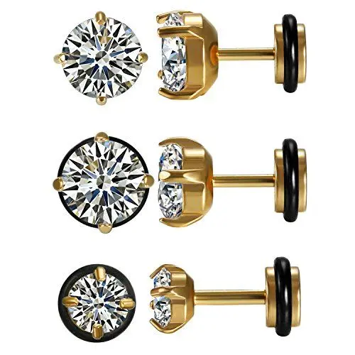 Produktbild: JewelryWe Schmuck 3 Paare Herren Damen Ohrringe, 5~9mm Runde Zirkonia Edelstahl Klassisch Ohrstecker Ohrschmuck, Gold
