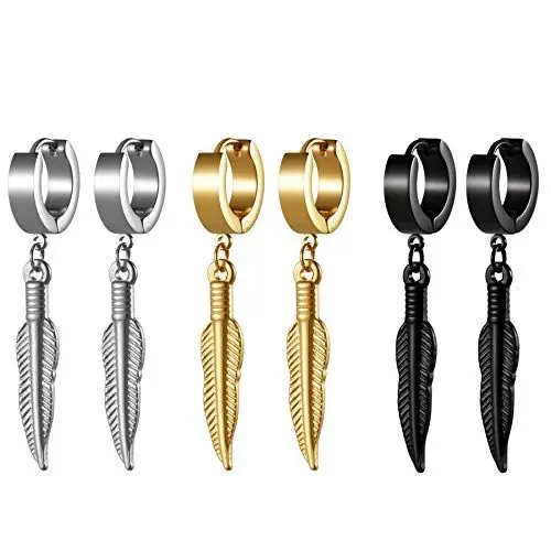 Produktbild: JewelryWe Schmuck 3 Paare Ohrringe Creolen Set Herren mit Feder Blatt Ohrhänger, Edelstahl Ohrstecker Ohrpiercing für Damen, Frauen, Männer Gold Silber Schwarz