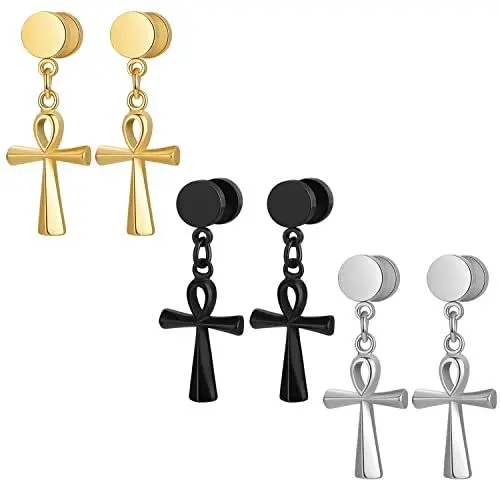 Produktbild: JewelryWe Schmuck 3 Paare Ohrstecker mit Ägyptischen Ankh Kreuz Anhänger Edelstahl Fake Plug Tunnel Barbell Baumeln Ohrringe Ohrhänger für Herren Damen Schwarz Gold Silber