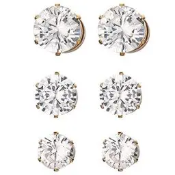 Produktbild: JewelryWe Schmuck 3 Paare Set Magnet Ohrringe für Herren Damen, Edelstahl Rund Zirkonia Magnetische Ohrstecker Fake Plug Tunnel Ohrclip Non-piercing Clips Ohne Ohrloch Gold 6-8mm