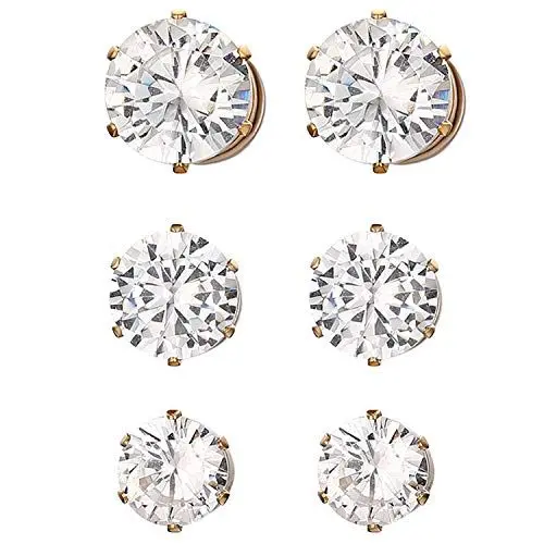 Produktbild: JewelryWe Schmuck 3 Paare Set Magnet Ohrringe für Herren Damen, Edelstahl Rund Zirkonia Magnetische Ohrstecker Fake Plug Tunnel Ohrclip Non-piercing Clips Ohne Ohrloch Gold 6-8mm