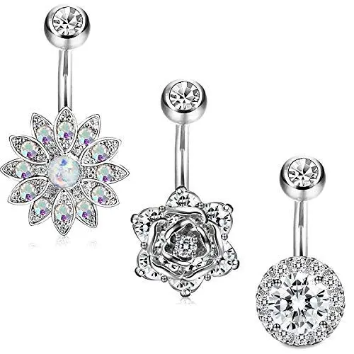 Produktbild: JewelryWe Schmuck 3 Stück Bauchnabelpiercing Bauchnabel Ringe Edelstahl Zirkonia Bauch Ringe Gebogen Nabel Barbell Piercing Blume für Damen, Silber