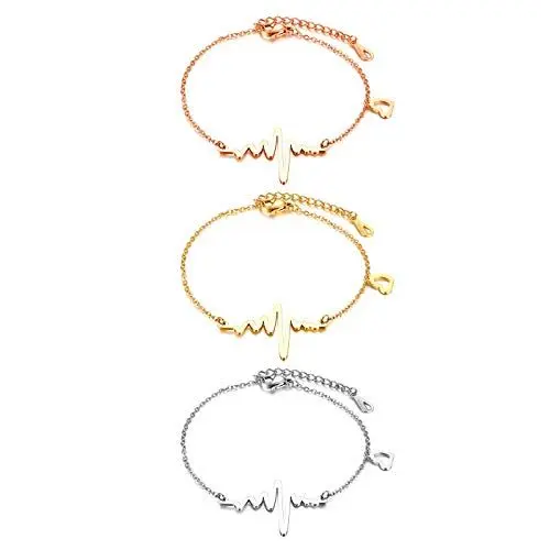 Produktbild: JewelryWe Schmuck 3pcs Damen Armband Edelstahl Herzschlag EKG Herz Charmsarmband Armkette Fußkettchen für Frau Mädchen, Silber Gold Rosegold