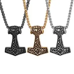Produktbild: JewelryWe Schmuck 3pcs Edelstahl Thor Hammer Thorshammer Anhänger Halskette Retro Kettenanhänger mit 56cm Kette für Herren, Silber Gold Schwarz