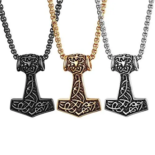 Produktbild: JewelryWe Schmuck 3pcs Edelstahl Thor Hammer Thorshammer Anhänger Halskette Retro Kettenanhänger mit 56cm Kette für Herren, Silber Gold Schwarz