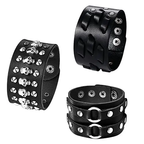 Produktbild: JewelryWe Schmuck 3pcs Leder Armband Herren Punk Rock Gothic Breit Manschette Lederarmband mit Totenkopf Schädel Ring Nieten Geflochten Verstellbar Armreif Geschenke für Männer Schwarz