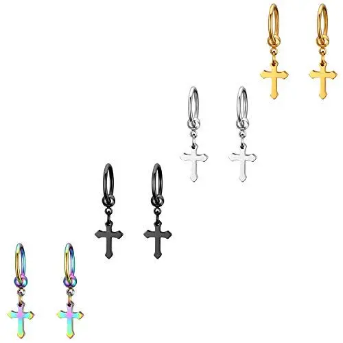 Produktbild: JewelryWe Schmuck 4 Paar Kreuz Ohrringe, Klassische Edelstahl Creolen Ohrstecker Ohrhänger mit Kruzifix Anhänger für Herren Damen, Silber Gold Schwarz Farbig