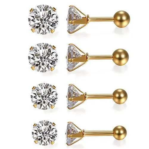 Produktbild: JewelryWe Schmuck 4 Paare Damen Ohrringe, Elegant Runde Zirkonia Edelstahl Ohrstecker Tragus Helix Ohr Piercing, Gold - Breite 3mm ~ 6mm
