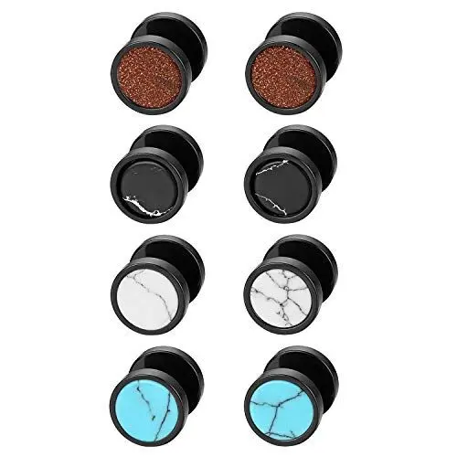Produktbild: JewelryWe Schmuck 4 Paare Fake Plug Ohrstecker Edelstahl künstliche Stein sandgestahlt Rund Kreis Ohrringe Fakeplugs Ohr Cheater Tunnel Barbell Gauges Ohr-Piercings für Herren Damen