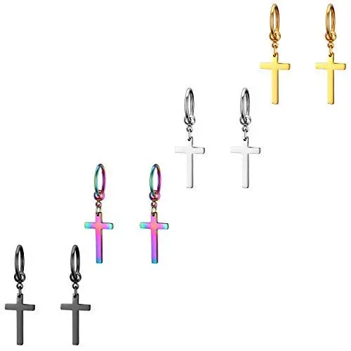 Produktbild: JewelryWe Schmuck 4 Paare Herren Ohrringe Kreuz, Edelstahl Poliert Kruzifix Ohrstecker Creolen Ohrhänger Geschenke für Männer Damen, Silber Gold Schwarz Farbig