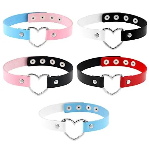 Produktbild: JewelryWe Schmuck 5pcs Damen Choker Leder Halsband Gothic Punk Lolita Herz Sklave Kragen Halskette 32-38cm Erstellbare Zweifarbig Collier Kette, 5 Farben Set