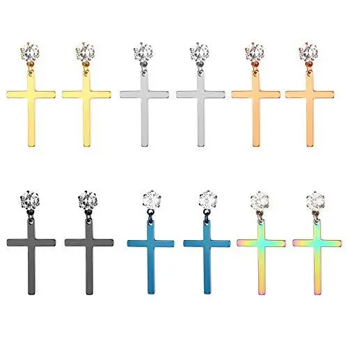 Produktbild: JewelryWe Schmuck 6 Paare Damen Ohrstecker mit Kreuz Anhänger, Edelstahl Kruzifix Zirkonia Ohrringe für Herren Frauen Geschenk