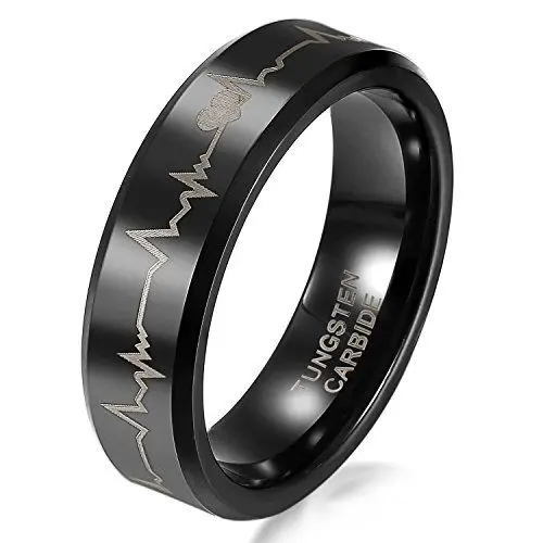Produktbild: JewelryWe Schmuck 6mm Schwarz Wolframcarbid Damen-Ring mit Laser Forever Love & Herzschlag Partnerringe Verlobung Hochzeit Band Größe 47 bis 78