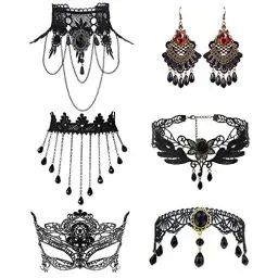 Produktbild: JewelryWe Schmuck 7 PCS Choker Halskette und Ohrringe Set Schwarz Spitze Kette Damen Gotisch Tattoo Kragen Halsband Vintage Ohrhänger Geschenke für Damen Mädchen
