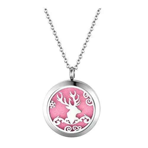Produktbild: JewelryWe Weihnachten Aromatherapie Halskette Damen: Silber Edelstahl Weihnachts Elch REH Diffusor Ätherische öl öffenbar Floating Medaillon Locket Anhänger Kette mit 10 Bunt Filzkreisen Geschenk