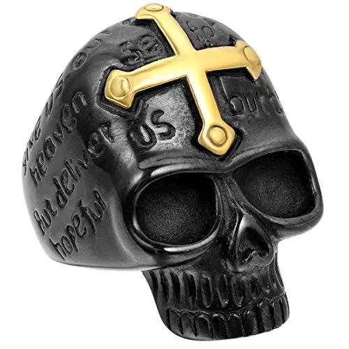 Produktbild: JewelryWe Totenkopf Ringe Herren Edelstahl: Biker Herren-Ring Gold Kreuz Schwarz Totenkopf Schädel Skull Ring Gotik Punk Männer Bandring Band mit Gravur Größe 59