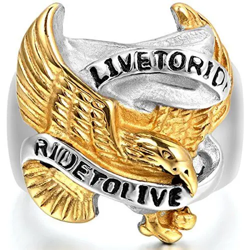 Produktbild: JewelryWe Schmuck Biker Herren-Ring, Edelstahl, Live to Ride - Ride to Live Retro Adler Falke Flügel, Gold Schwarz Silber - Größe 65