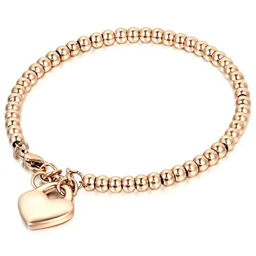 Produktbild: JewelryWe Herz Armband Perlenarmband Damen: Rosegold Edelstahl Charme Kugel Perlen Armband Handgelenk Perlenkette Armreif mit solid Herz Anhänger Herzkette Verstellbar Armkette Schmuck Geschenk Frau
