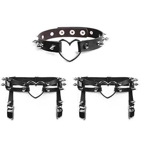 Produktbild: JewelryWe Schmuck 3 Stück Leder Strumpfband Halsband Set Damen Gotik Punk Herz Spike Nieten Choker Halskette Oberschenkel Strumpfgürtel Harness Suspender Strapsbänder Ledergeschirr Verstellbar
