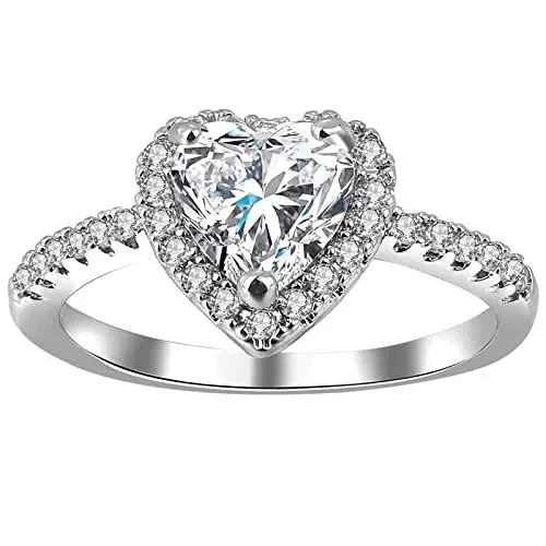Produktbild: JewelryWe Schmuck Damen-Ring mit Zirkonia Herz Trauringe Eheringe Hochzeit Verlobung Band Ringe Brautschmuck Gravur Geschenk für Frauen Silber Größe 54