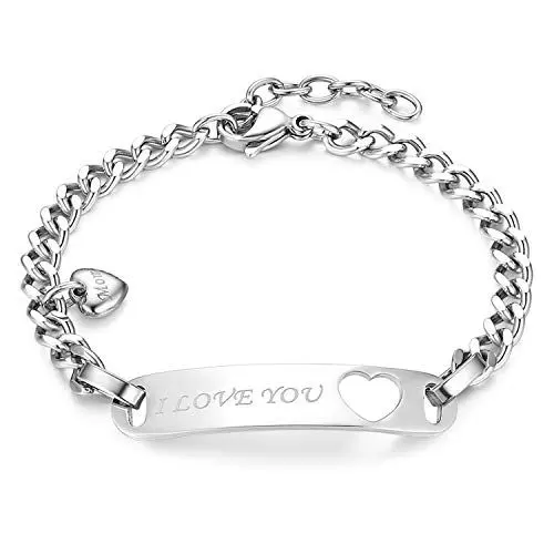 Produktbild: JewelryWe Schmuck Damen Armband Edelstahl Herz Panzerkette Charmsarmband Panzerarmband Armkette mit I Love You Mom Gravur Silber