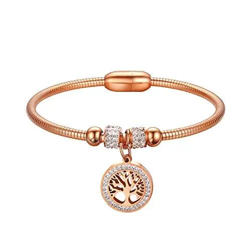 Produktbild: JewelryWe Schmuck Damen Armband Edelstahl Strass Baum des Lebens Charm Schlangenkette Draht Armreif mit Magnetveschluss Rosegold