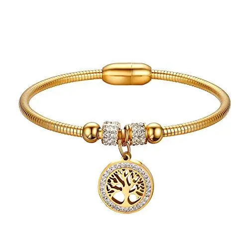 Produktbild: JewelryWe Schmuck Damen Armband Edelstahl Strass Baum des Lebens Charm Schlangenkette Draht Armreif mit Magnetveschluss Gold