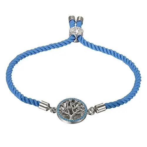 Produktbild: JewelryWe Schmuck Damen Armband, Elegant Baum des Lebens Lebensbaum Charm geflochten verstellbare Armreif, handgefertigtes Baumwolle Seil Zirkonia, Blau Silber