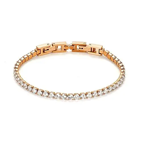 Produktbild: JewelryWe Tennisarmband Damen Armband mit Zirkonia: Rosegold Edelstahl Tennis Armband Verstellbar Armkette Armreif Fußkettchen mit abnehmbarem Verschluss Elegant Schmuck 3mm Breit 19cm Länge