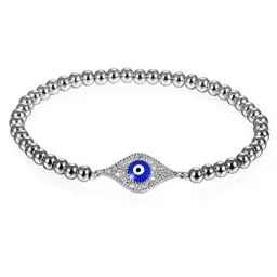 Produktbild: JewelryWe Schmuck Damen Charm Armband, Elegant Zirkonia Evil Eye Blaue Böse Auge Nazar Boncuk Perlenarmband Armkette Armreif, Silber Blau