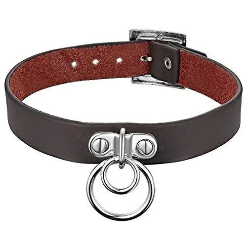 Produktbild: JewelryWe Schmuck Damen Choker Kette Gotik Punk O-Ring Kreis Leder Halsband Kragen Halskette verstellebare Lederkette für Männer Frauen Braun