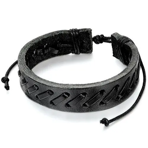 Produktbild: JewelryWe Schmuck Damen Herren Armband, Geflochten Armreif, 21-29cm Verstellbaren Lederarmband, Leder Seil, Schwarz