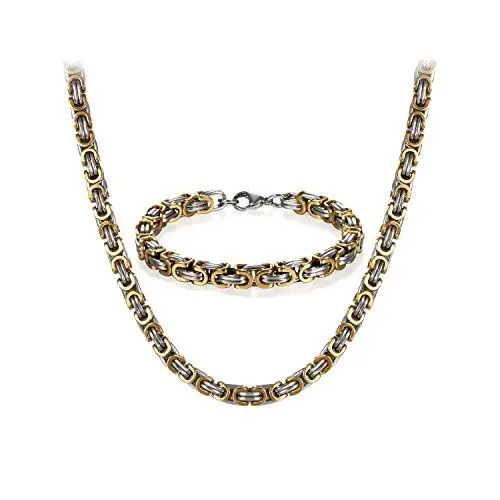 Produktbild: JewelryWe Halskette Armband 2er Set Herren: Gold Silber Edelstahl 8mm Breite Königskette Byzantinische Ketten Set von Halsketten und Armketten für Männer Dick Schwer Kette Hip Hop Punk Schmuck 24 Zoll