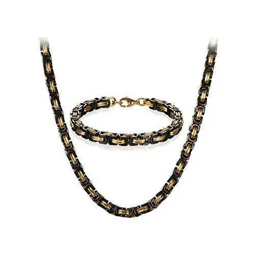 Produktbild: JewelryWe Halskette Armband 2er Set Herren: Gold Schwarz Edelstahl 8mm Breite Königskette Byzantinische Ketten Set von Halsketten und Armketten Männer Dick Schwer Kette Hip Hop Punk Schmuck 24 Zoll