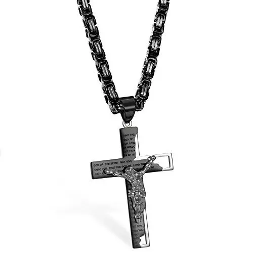 Produktbild: JewelryWe Schmuck Edelstahl Kreuz Rood Jesus Kruzifix Bibel Gebet Englisch Anhänger mit 65cm Königskette Kette, Retro Halskette für Herren, Schwarz Silber, mit kostenlos Gravur