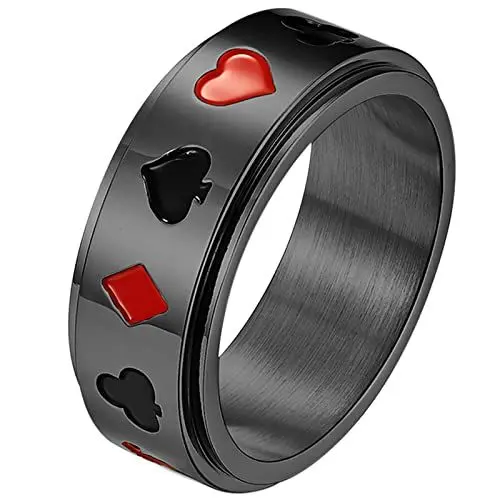 Produktbild: JewelryWe Schmuck Fidget Angst Ring Herren Damen Spielkarte Poker Spinnring Edelstahl Pik Herzen Pflaume Quadratische Karten Band Bandring mit Gravur, Schwarz Größe 62