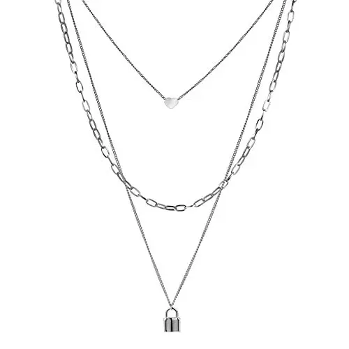 Produktbild: JewelryWe Schmuck Halskette Herren Damen Edelstahl Schloss Herz Anhänger mit Gravur Mehrreihige Mehrschichtige Kette Choker für Männer Frauen Silber
