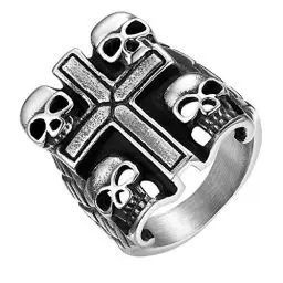 Produktbild: JewelryWe Totenkopf Kreuz Ring Herren: 23mm Breit Edelstahl Herren-Ring Gothic Punk 4 Schädel mit Kreuz Siegelring Männer Halloween Fingerring Biker Ring Band Silber Größe 57