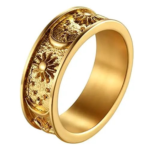 Produktbild: JewelryWe Schmuck Herren-Ring Damen Ring Edelstahl Sonne Stern Mond Verlobungsring Hochzeitring Boho Ring Geschenk für Männer Gold 8mm Größer 56