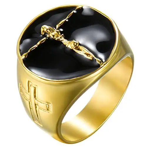 Produktbild: JewelryWe Schmuck Herren-Ring Edelstahl Retro Christian Jesus Christus Kreuz Ring Siegelring Religiöser Männer Band Bandring Gravur, Gold Schwarz Größe 62