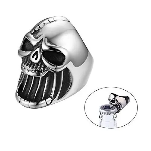 Produktbild: JewelryWe Schmuck Herren-Ring, Edelstahl Totenkopf Schädel Gothic Biker Flaschenöffner Ring, Silber, Größe 59