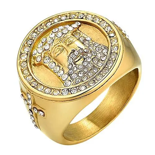 Produktbild: JewelryWe Schmuck Herren-Ring Jesus Christus Portrait Kreuz Siegelring Strass Edelstahl Religiöser Ring Band mit Gravur Gold Size 8