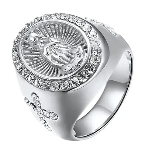 Produktbild: JewelryWe Schmuck Herren-Ring Retro Edelstahl Strass Jungfrau Maria Kreuz Ring Siegelring Bandring Oval Fingerringe für Männer Junge Gravur Silber Größe 67