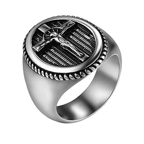 Produktbild: JewelryWe Schmuck Herren-Ring mit Gravur Edelstahl Jesus Kreuz Siegelring Band Silber Gold Größe 52