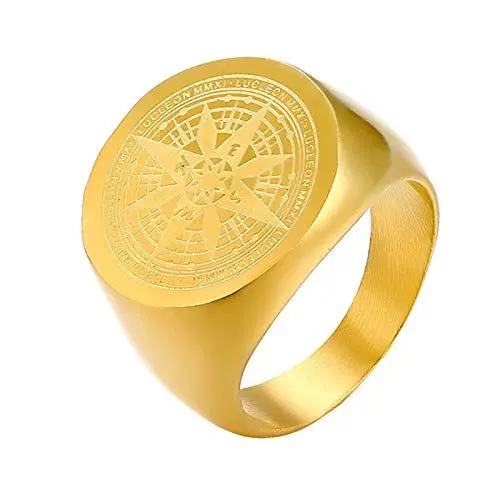 Produktbild: JewelryWe Kompass Ring Siegelring Herren: Gold Edelstahl Navigator Runde Fingerring mit Kompassnadel Design Vintage Maritimer Schmuck Geschenk für Männer Abenteurer Größe 65